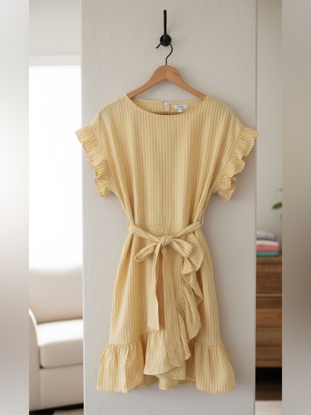 Joe Fresh Jillian Harris Yellow Stripe Ruffle Skirt Linen Blend Dress Size M